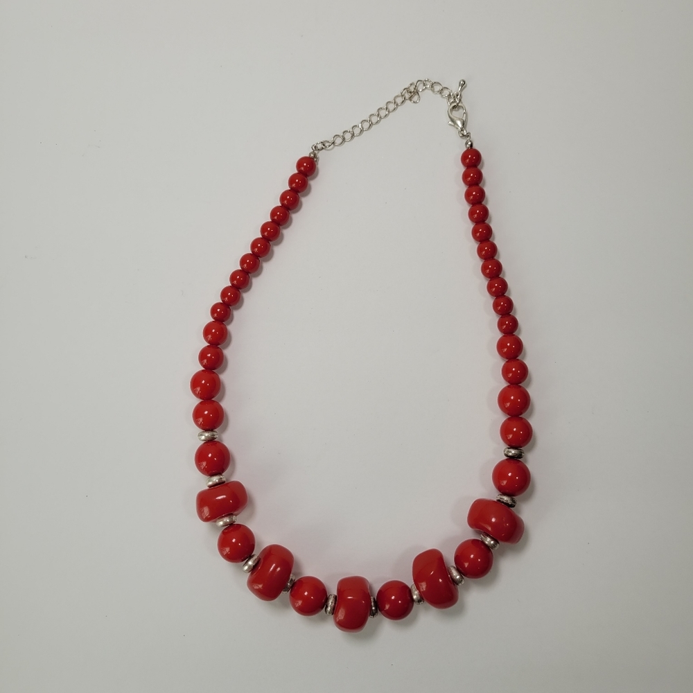 Red Graduated Bead Necklace Silver Adjustable Chunky Fashion Jewelry 9 in - Picture 3 of 4